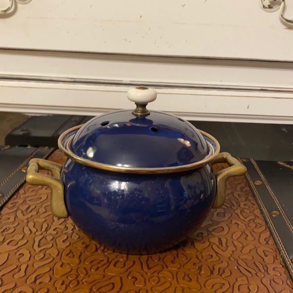 Vintage Brass Normandy Blue Enameled Potpourri Pot